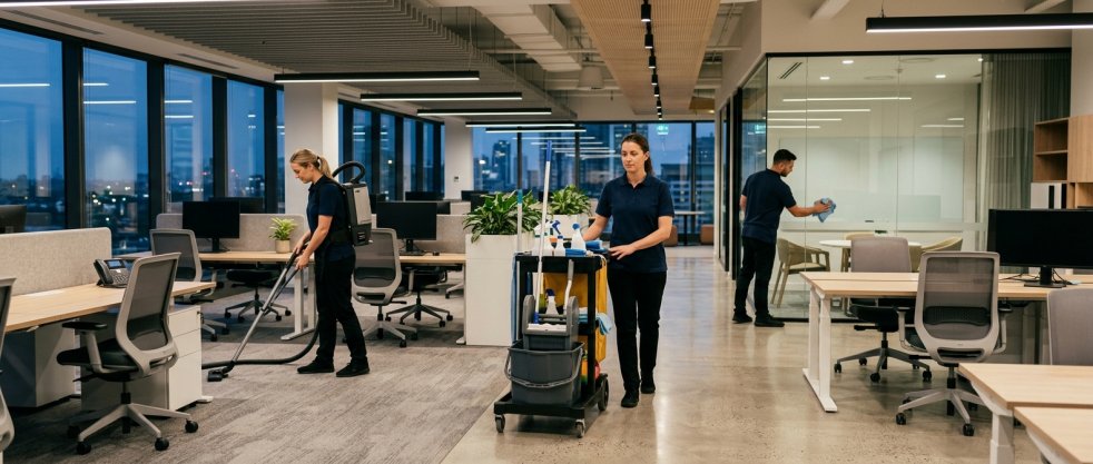 Office cleaners vacuuming floors and wiping glass in a modern open-plan workspace at night